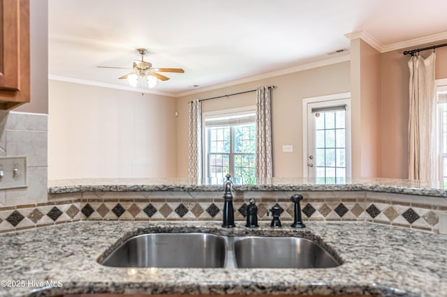 600 Booth Pond Rd, Raeford, NC 28376 - kitchen featuring a sink, light stone counters, a ceiling fan, and crown molding