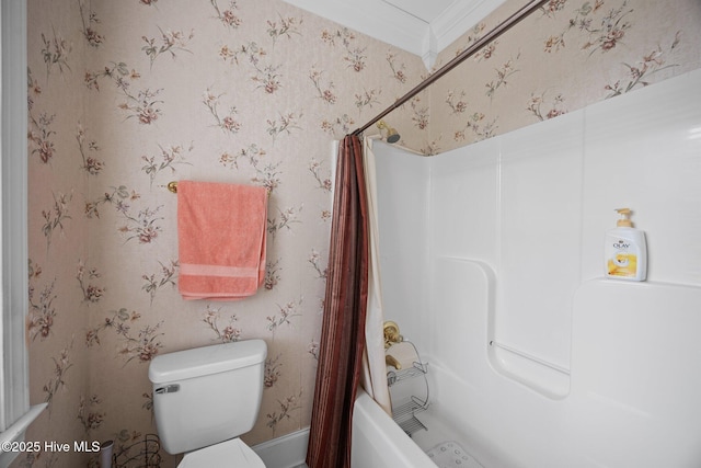 2995 H C Turner Rd, Pink Hill, NC 28572 - bathroom featuring shower / tub combo, toilet, ornamental molding, and wallpapered walls