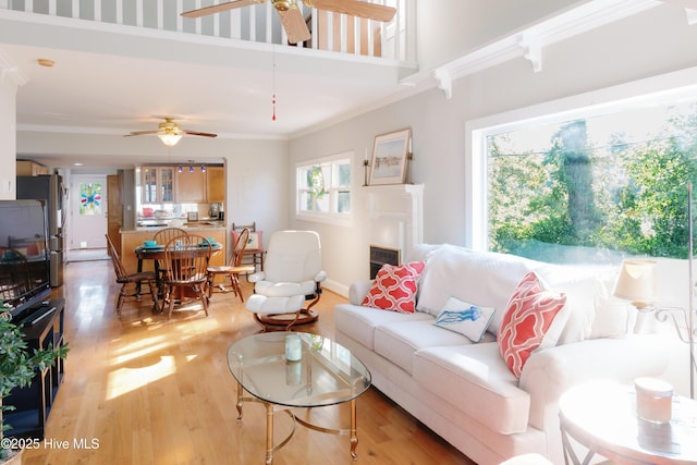 1498 Bayview Rd, Bath, NC 27808 - living room with a ceiling fan, crown molding, light wood-style flooring, a fireplace, and baseboards