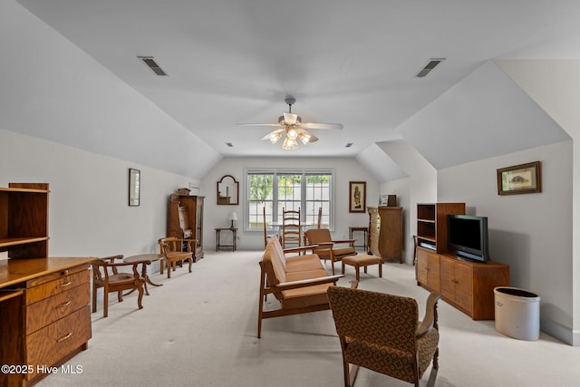 6304 Wolfhead Ct, Wilmington, NC 28411 - living room featuring light carpet, a desk, vaulted ceiling, and ceiling fan