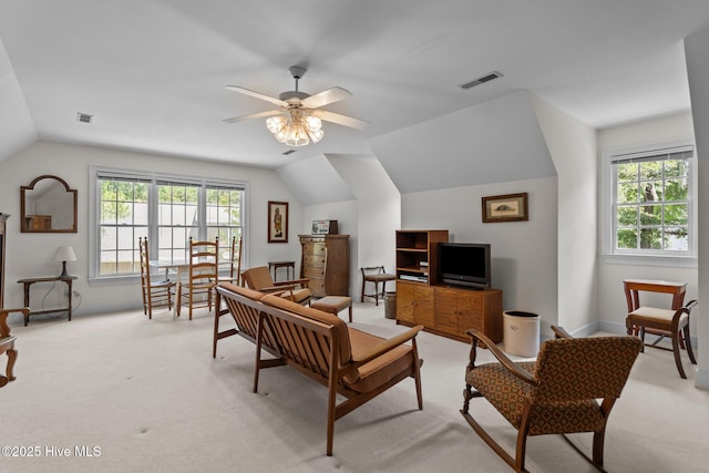 6304 Wolfhead Ct, Wilmington, NC 28411 - living room with vaulted ceiling, light carpet, a ceiling fan, and baseboards