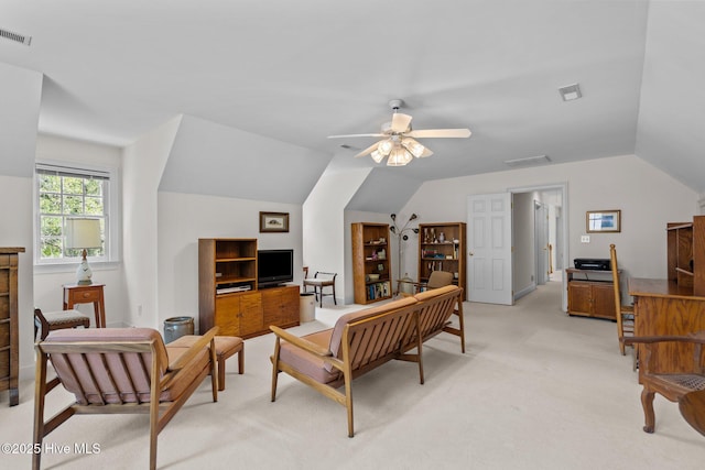 6304 Wolfhead Ct, Wilmington, NC 28411 - living room with light colored carpet, a ceiling fan, lofted ceiling, and an office area