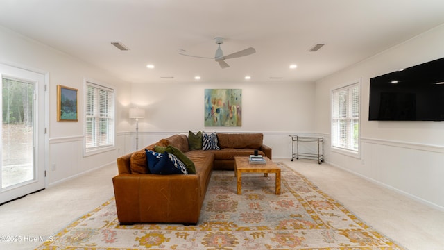 10 Linville Dr, Pinehurst, NC 28374 - living room with carpet, ceiling fan, a wainscoted wall, recessed lighting, and crown molding