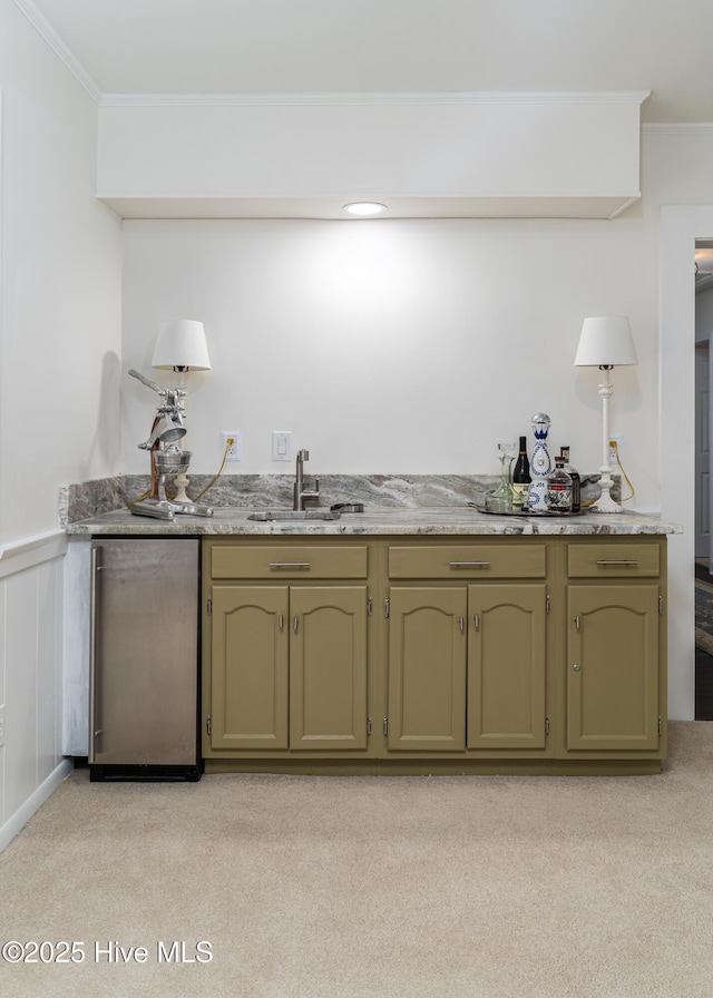 10 Linville Dr, Pinehurst, NC 28374 - indoor wet bar featuring fridge, light colored carpet, and ornamental molding