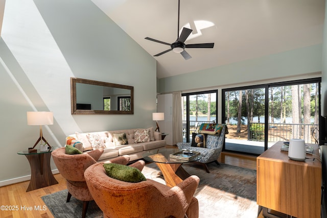 185 Ponte Vedra Dr, Pinehurst, NC 28374 - living room with high vaulted ceiling, light wood-type flooring, and ceiling fan