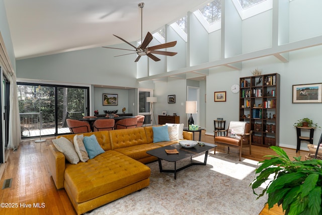 185 Ponte Vedra Dr, Pinehurst, NC 28374 - living room featuring high vaulted ceiling, wood-type flooring, ceiling fan, and a skylight