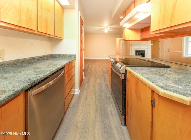 1710 Aydlett Cir, Elizabeth City, NC 27909 - kitchen with appliances with stainless steel finishes, under cabinet range hood, light wood-type flooring, tasteful backsplash, and baseboards