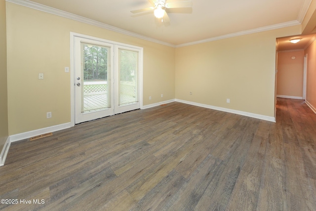 1710 Aydlett Cir, Elizabeth City, NC 27909 - unfurnished room with ornamental molding, ceiling fan, dark wood-style floors, and baseboards