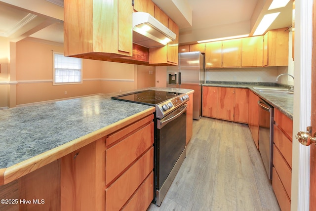 1710 Aydlett Cir, Elizabeth City, NC 27909 - kitchen with a sink, under cabinet range hood, stainless steel appliances, ornamental molding, and light wood-type flooring