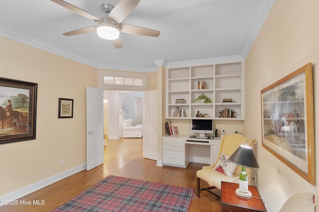 1012 Creekside Ln, Wilmington, NC 28411 - home office with crown molding, dark wood-style floors, ceiling fan, and baseboards