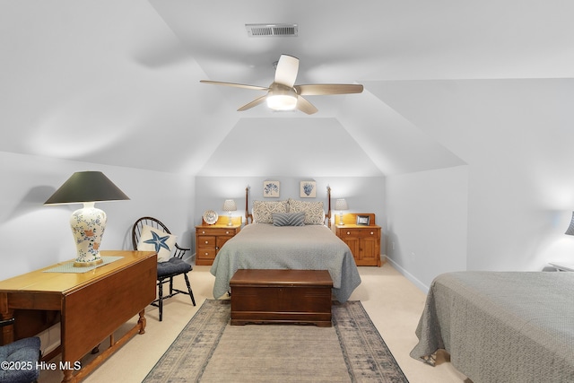 1012 Creekside Ln, Wilmington, NC 28411 - bedroom with light carpet, vaulted ceiling, and ceiling fan