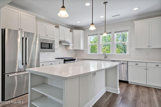 3200 Laughing Gull Ter, Wilmington, NC 28412 - kitchen with stainless steel appliances, under cabinet range hood, open shelves, white cabinets, and light countertops