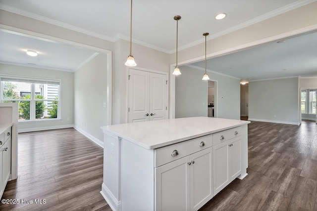 3200 Laughing Gull Ter, Wilmington, NC 28412 - kitchen with open floor plan, dark wood finished floors, hanging light fixtures, white cabinets, and ornamental molding