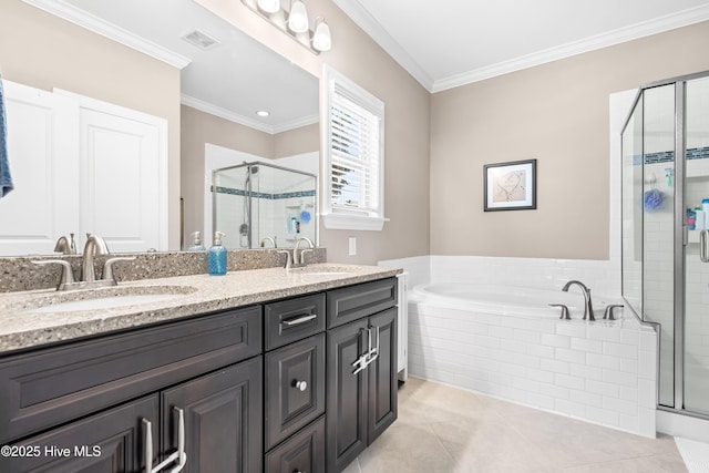135 W Wellesley Dr, Clayton, NC 27520 - full bathroom featuring a shower stall, a bath, double vanity, tile patterned flooring, and ornamental molding