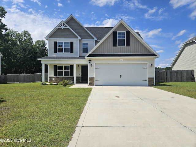 104 Gooseberry Ct, Maysville, NC 28555 - craftsman inspired home with stone siding, board and batten siding, driveway, a porch, and a garage