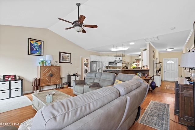 600 Pearson Cir, Newport, NC 28570 - living room featuring ceiling fan, light wood-style floors, and lofted ceiling
