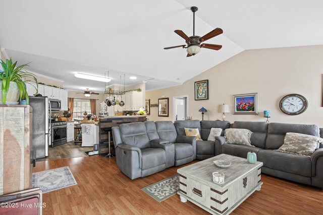 600 Pearson Cir, Newport, NC 28570 - living area with ceiling fan, vaulted ceiling, and wood finished floors