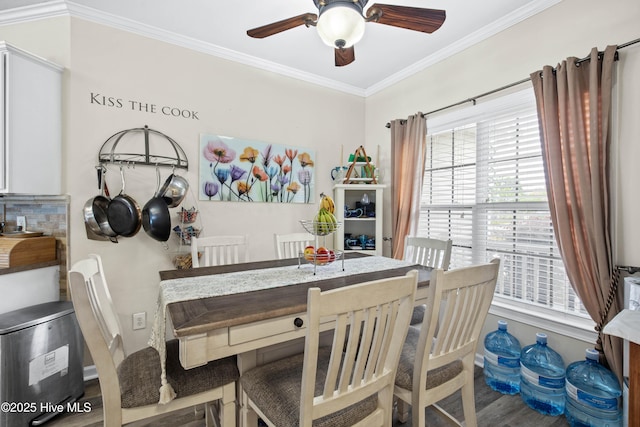 600 Pearson Cir, Newport, NC 28570 - dining room featuring ceiling fan, crown molding, wood finished floors, and baseboards