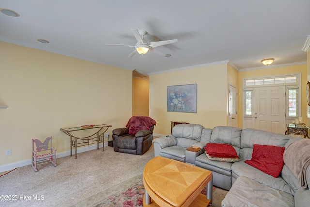 318 Winding Creek Rd, Rocky Point, NC 28457 - living area featuring crown molding, ceiling fan, baseboards, and carpet floors
