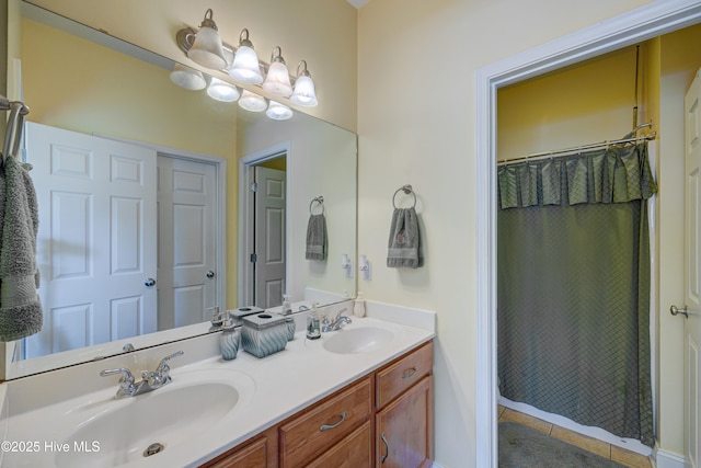 318 Winding Creek Rd, Rocky Point, NC 28457 - full bath featuring double vanity, tile patterned floors, and a shower with shower curtain