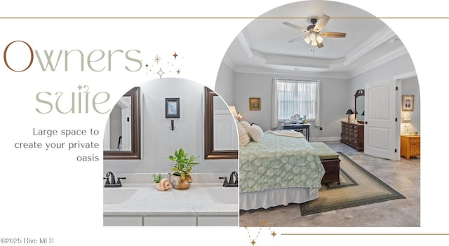 2402 W Oak Island Dr, Oak Island, NC 28465 - bedroom featuring ornamental molding, a sink, a tray ceiling, arched walkways, and a ceiling fan
