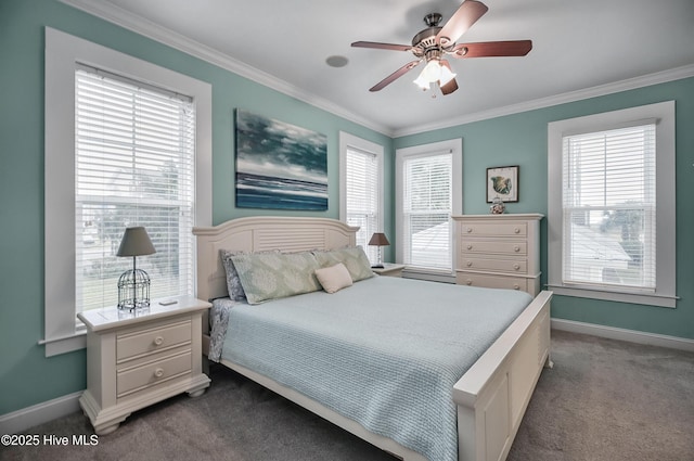 2 Clam Shell Ln Unit 6, Carolina Beach, NC 28428 - bedroom featuring dark carpet, crown molding, baseboards, and ceiling fan