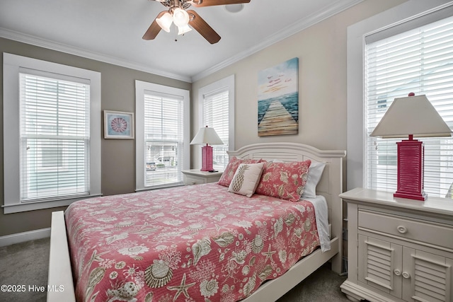 2 Clam Shell Ln Unit 6, Carolina Beach, NC 28428 - bedroom with carpet flooring, multiple windows, crown molding, a ceiling fan, and baseboards