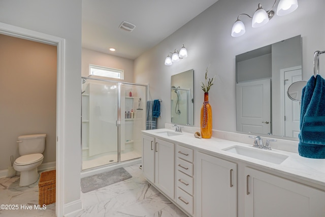 1337 Fence Post Ln, Carolina Shores, NC 28467 - full bathroom with marble look tiles, a shower stall, double vanity, toilet, and baseboards