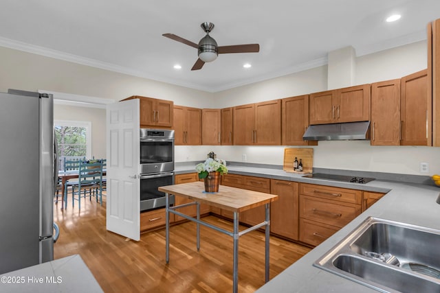 505 Rivage Promenade, Wilmington, NC 28412 - kitchen with stainless steel appliances, under cabinet range hood, ceiling fan, wood finished floors, and ornamental molding