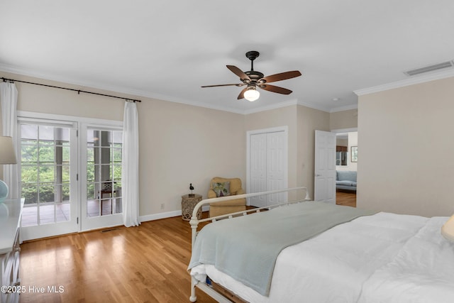 505 Rivage Promenade, Wilmington, NC 28412 - bedroom with access to exterior, crown molding, light wood-type flooring, and ceiling fan