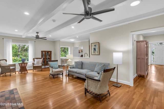 505 Rivage Promenade, Wilmington, NC 28412 - living room with ceiling fan, light wood-style floors, beamed ceiling, recessed lighting, and ornamental molding