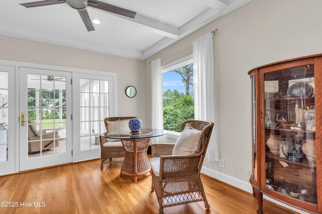 505 Rivage Promenade, Wilmington, NC 28412 - dining area featuring ceiling fan, wood finished floors, and beam ceiling
