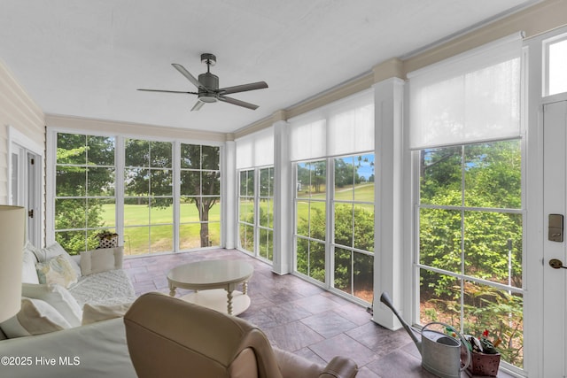 505 Rivage Promenade, Wilmington, NC 28412 - sunroom / solarium with a ceiling fan, stone finish flooring, and an outdoor living space