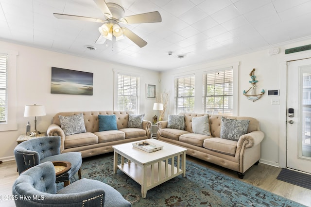 805 Carolina Beach Ave N, Carolina Beach, NC 28428 - living area featuring wood finished floors, plenty of natural light, ceiling fan, and baseboards