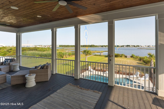 1753 New River Inlet Rd, North Topsail Beach, NC 28460 - wooden deck with a water view and ceiling fan