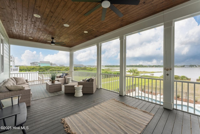 1753 New River Inlet Rd, North Topsail Beach, NC 28460 - wooden terrace with a ceiling fan, a water view, and an outdoor hangout area