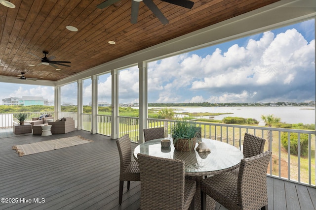 1753 New River Inlet Rd, North Topsail Beach, NC 28460 - wooden terrace with a ceiling fan, a water view, outdoor lounge area, and outdoor dining area