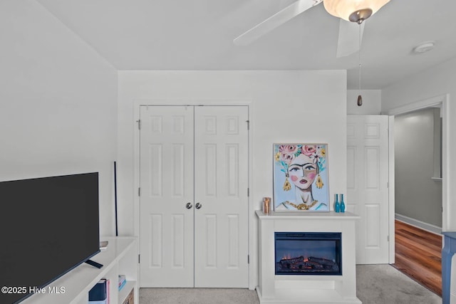 527 Everett Glades, Sneads Ferry, NC 28460 - carpeted living room with a glass covered fireplace and ceiling fan