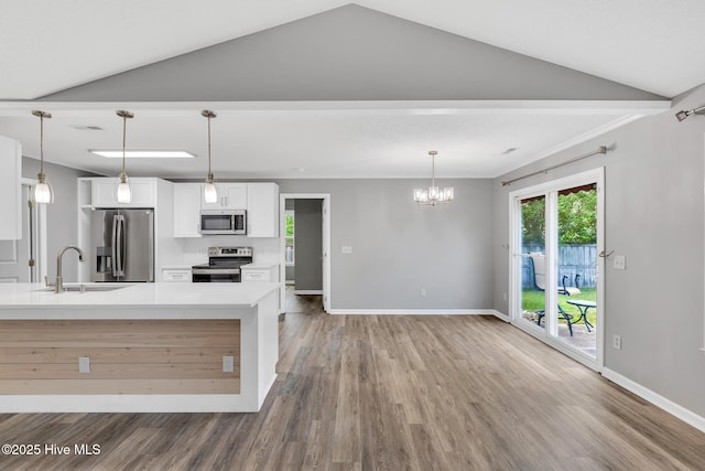 422 Point View Ct, Wilmington, NC 28411 - kitchen with appliances with stainless steel finishes, a sink, wood finished floors, vaulted ceiling, and white cabinetry