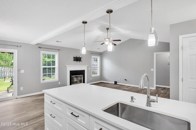 422 Point View Ct, Wilmington, NC 28411 - kitchen featuring a sink, open floor plan, decorative light fixtures, ceiling fan, and white cabinets
