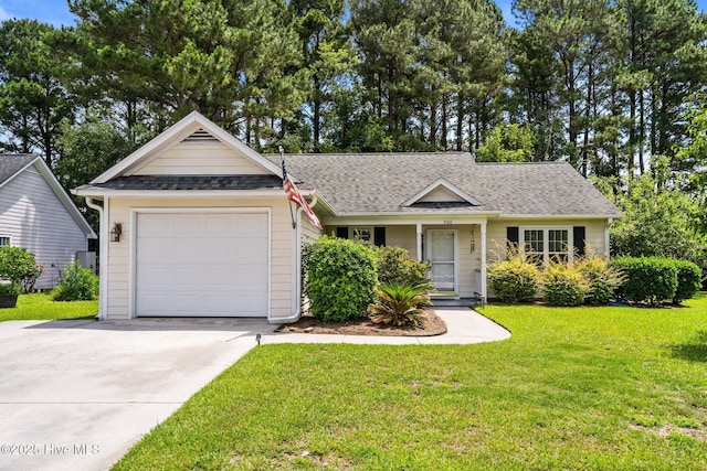 7100 Farrington Farms Dr, Wilmington, NC 28411 - ranch-style home featuring concrete driveway, a front lawn, a garage, and roof with shingles