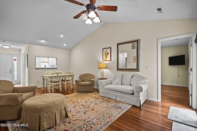 7100 Farrington Farms Dr, Wilmington, NC 28411 - living room with lofted ceiling, ceiling fan, baseboards, and wood finished floors