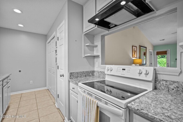 7100 Farrington Farms Dr, Wilmington, NC 28411 - kitchen featuring white electric range, exhaust hood, open shelves, a textured ceiling, and recessed lighting