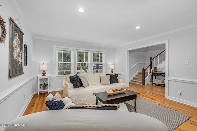 3504 Sheffield Dr, Rocky Mount, NC 27803 - living room featuring wood finished floors, ornamental molding, stairs, baseboards, and recessed lighting