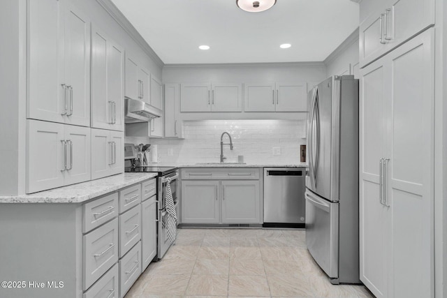 3504 Sheffield Dr, Rocky Mount, NC 27803 - kitchen featuring stainless steel appliances, a sink, ornamental molding, under cabinet range hood, and backsplash