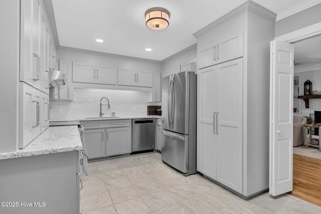 3504 Sheffield Dr, Rocky Mount, NC 27803 - kitchen featuring appliances with stainless steel finishes, ornamental molding, gray cabinetry, range hood, and a sink