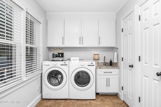 3504 Sheffield Dr, Rocky Mount, NC 27803 - laundry room with cabinet space, independent washer and dryer, crown molding, and light tile patterned floors