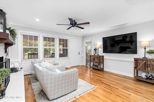 3504 Sheffield Dr, Rocky Mount, NC 27803 - living room featuring crown molding, ceiling fan, light wood-style floors, recessed lighting, and a fireplace