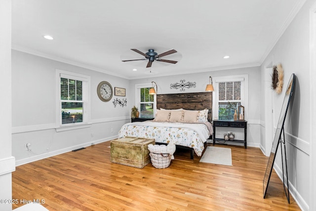3504 Sheffield Dr, Rocky Mount, NC 27803 - bedroom with light wood-type flooring, crown molding, recessed lighting, and ceiling fan