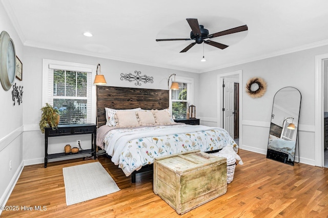 3504 Sheffield Dr, Rocky Mount, NC 27803 - bedroom featuring multiple windows, light wood-type flooring, crown molding, ceiling fan, and recessed lighting